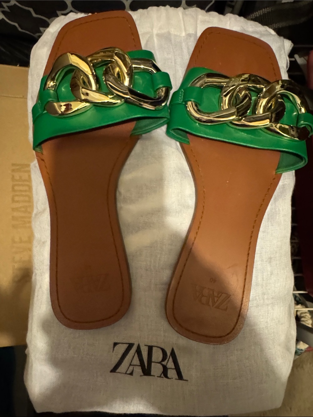 Zara Green Slide Sandals with Gold Chain Accent